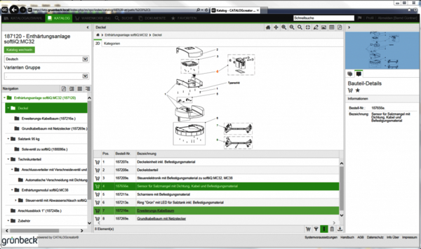 Screenshot des Service-Informationssystems von Grünbeck